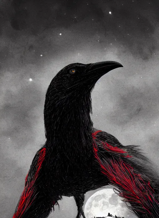 Image similar to portrait, A crow in front of the full big moon, book cover, red white and black colors, establishing shot, extremly high detail, foto realistic, cinematic lighting, pen and ink, intricate line drawings, by Yoshitaka Amano, Ruan Jia, Kentaro Miura, Artgerm, post processed, concept art, artstation, matte painting, style by eddie mendoza, raphael lacoste, alex ross