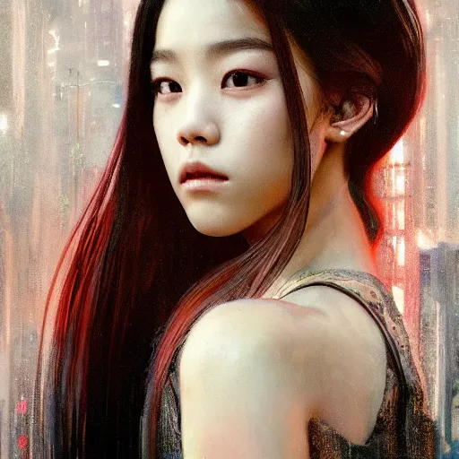 Image similar to jisoo of blackpink, hyperrealistic portrait, bladerunner street, art of elysium by jeremy mann and alphonse mucha, fantasy art, photo realistic, dynamic lighting, artstation, poster, volumetric lighting, very detailed face, 8 k, award winning