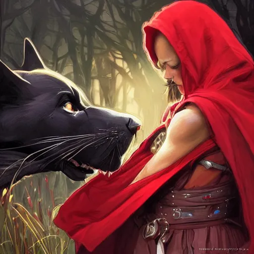 Image similar to Portrait of Little Red Riding Hood with a black panther, intricate, wild, highly detailed, digital painting, artstation, concept art, smooth, sharp focus, illustration, art by artgerm and greg rutkowski and alphonse mucha, footage from space camera