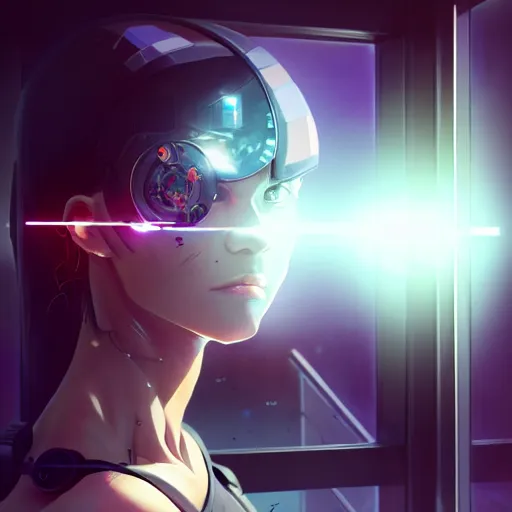 Image similar to beautiful cyborg - girl punching through a large reflective shattering window, window reflections, reflective, mirror reflection, refractions on lens, full round face, biomechanical details, cyberpunk anime art, full body shot, lens flare, wlop, ilya kuvshinov, artgerm, krenz cushart, greg rutkowski