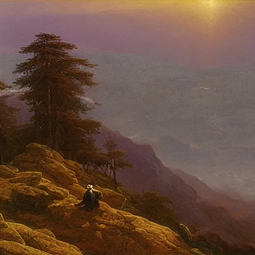 Prompt: a wanderer looking down from the peak of a mountain, distant valley, trees, sunset, dramatic light, oil painting, by caspar david friedrich