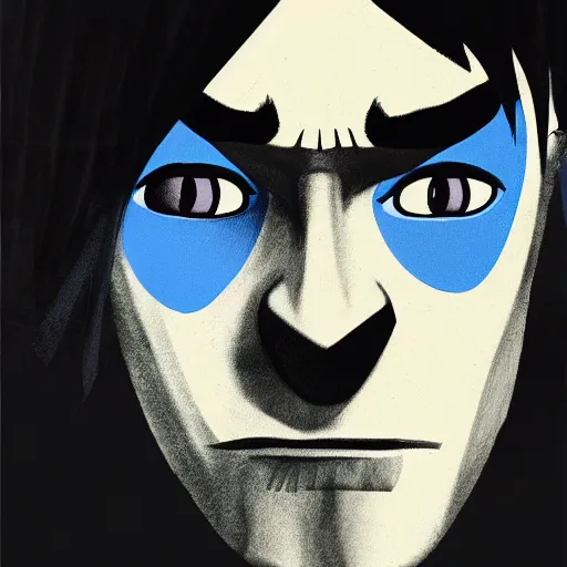 Image similar to a man with messy blue hair and all - black eyes, portrait, gorillaz style, jamie hewlett