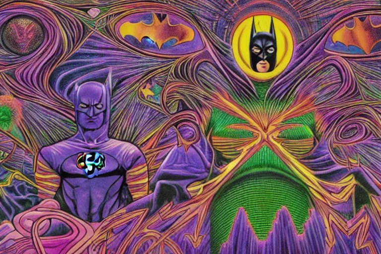 Prompt: Batman takes magic mushrooms, psychedelic, by Alex Grey, 4k