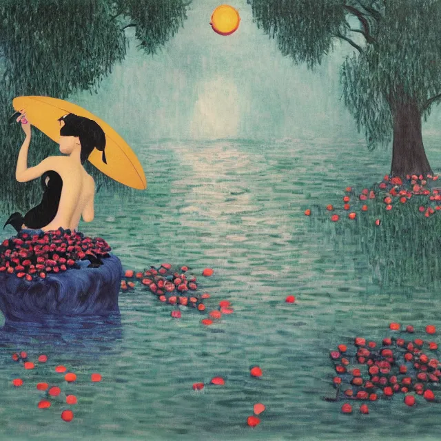 Image similar to painting of flood waters, zen, a tall catgirl art student, a river flooding inside, art supplies, pigs, ikebana, water, river, rapids, waterfall, black swans, canoe, pomegranate, berries dripping, acrylic on canvas, surrealist, by magritte and monet