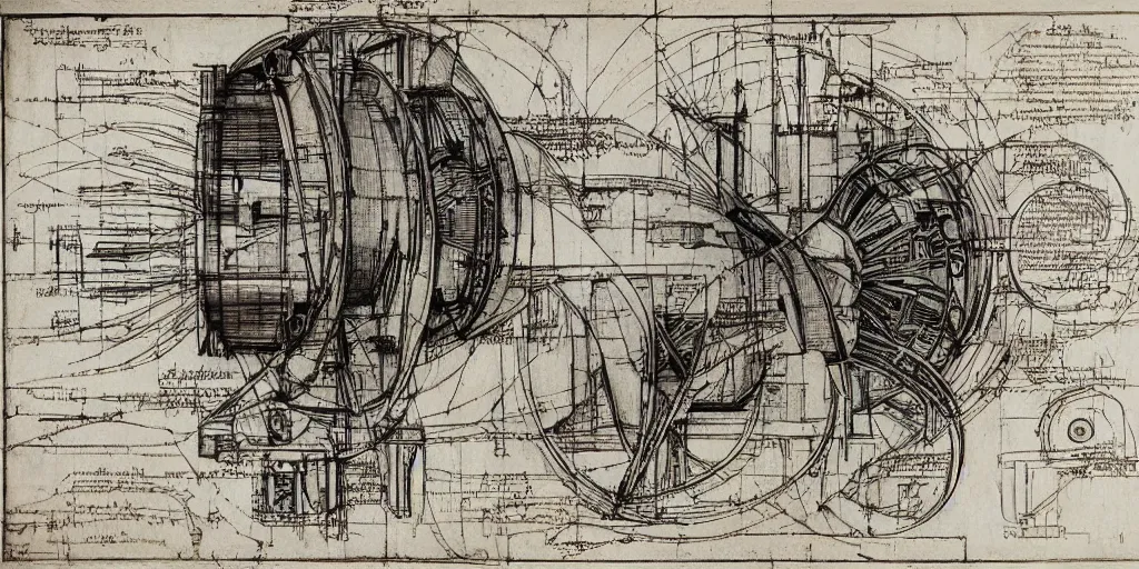 Prompt: leonardo da vinci color intricate full page scan blueprint of an environmental turbine machine, on paper, black ball pen style, :: ultra-detailed technical precision :: mixed media with white and silver lines, realistic composition, point of interest at golden ratio, light from right, more darkness on the bottom, monumentally art composition, high quality of sketching with subtle hairlines, highly detailed rounded forms, inside out and outside in, octane render
