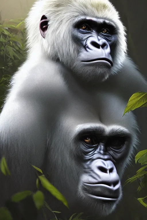 Image similar to portrait of a majestic white Gorilla in the exotic Jungle, Single face, dramatic lighting, cinematic, establishing shot, extremly high detail, photo realistic, cinematic lighting, post processed, concept art, artstation, matte painting, style by eddie mendoza, raphael lacoste, alex ross