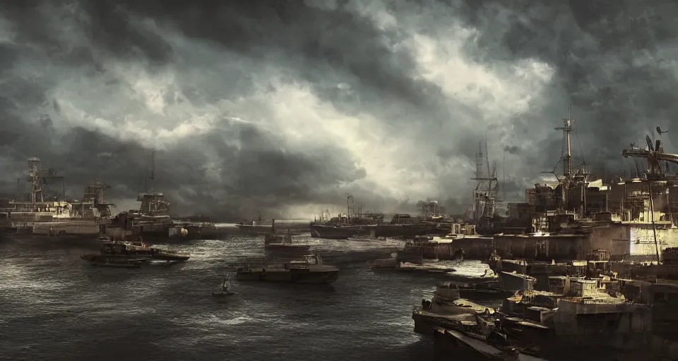 Image similar to The sky above the port was the colour of television, tuned to a dead channel, dramatic lighting, cinematic, establishing shot, extremely high detail, photo realistic, cinematic lighting, post processed, concept art, matte painting