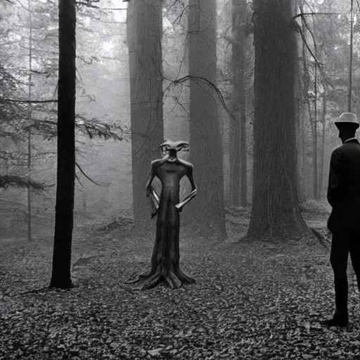 Image similar to old photograph of a a person standing in an eerie forest with an alien standing in the distance behind them