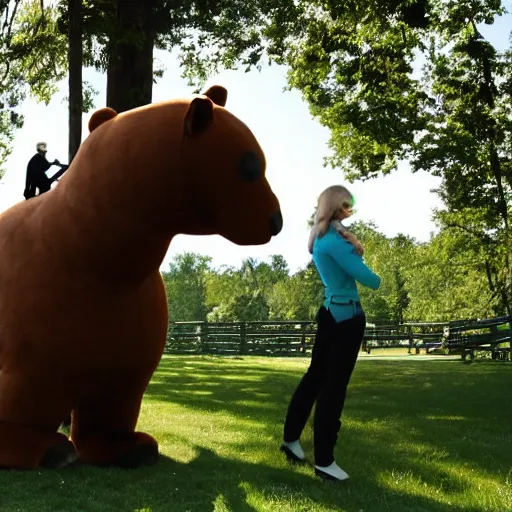 Prompt: equestrian riding a giant bear in the park