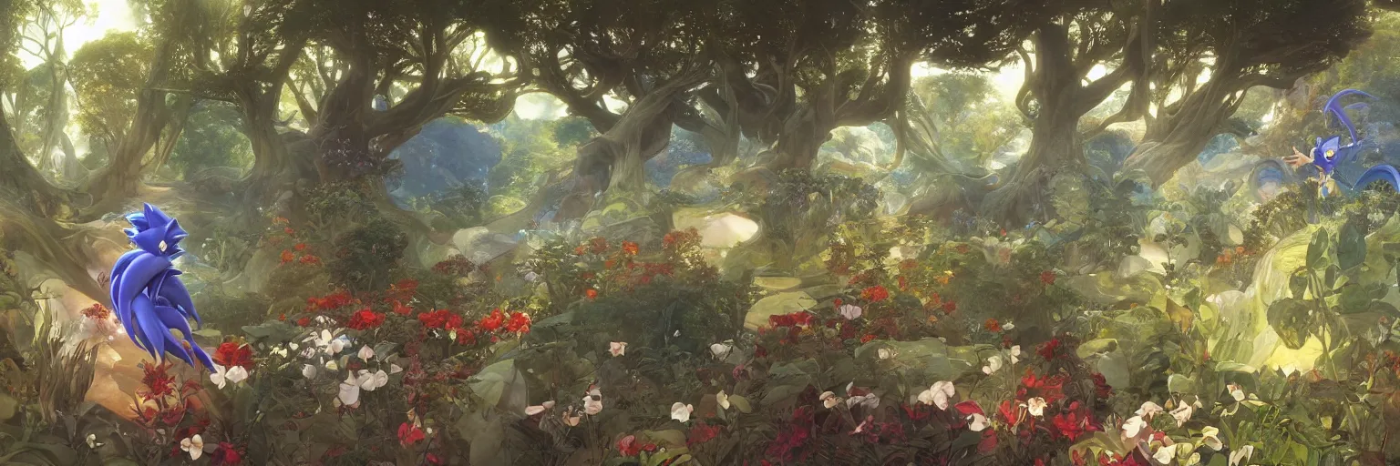 Image similar to A beautiful painting of Sonic the edgedog running through an utopian garden and forest with supertrees by Alfons Maria Mucha and Julie Dillon and Makoto Shinkai