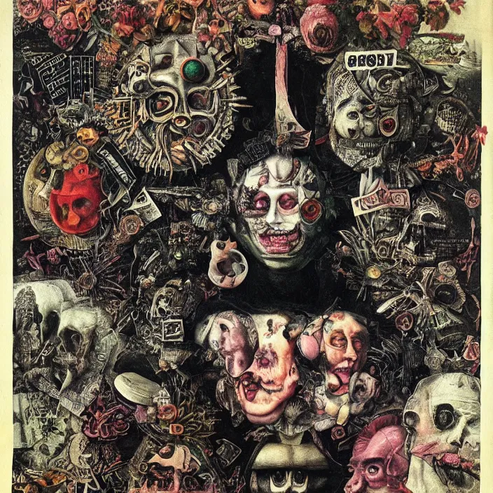 Image similar to post - punk new age album cover, asymmetrical design, dollar bank notes, capitalism, magic, apocalypse, psychedelic, black white pink, highly detailed, magic, giger h. r., giuseppe arcimboldo