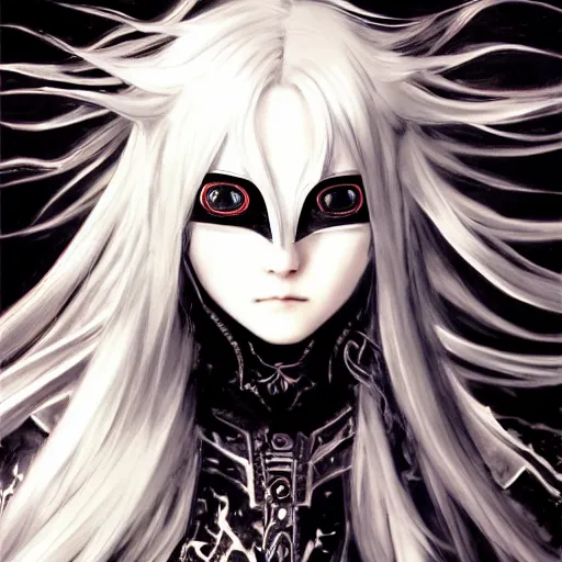 Image similar to Yoshitaka Amano blurred and dreamy illustration of an anime girl with pirate eye patch, wavy white hair and cracks on her face wearing Elden ring armour with the cape fluttering in the wind, abstract black and white patterns on the background, noisy film grain effect, highly detailed, Renaissance oil painting, weird portrait angle