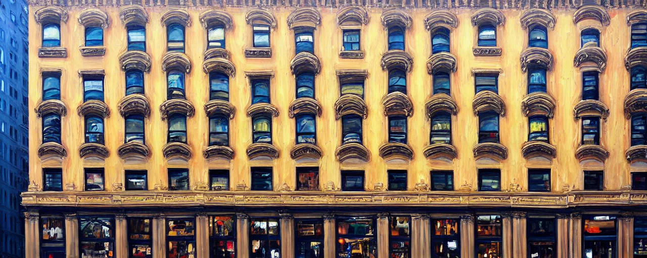 Prompt: stunning painting of a building facade. storefronts. city block. new york. masterpiece.