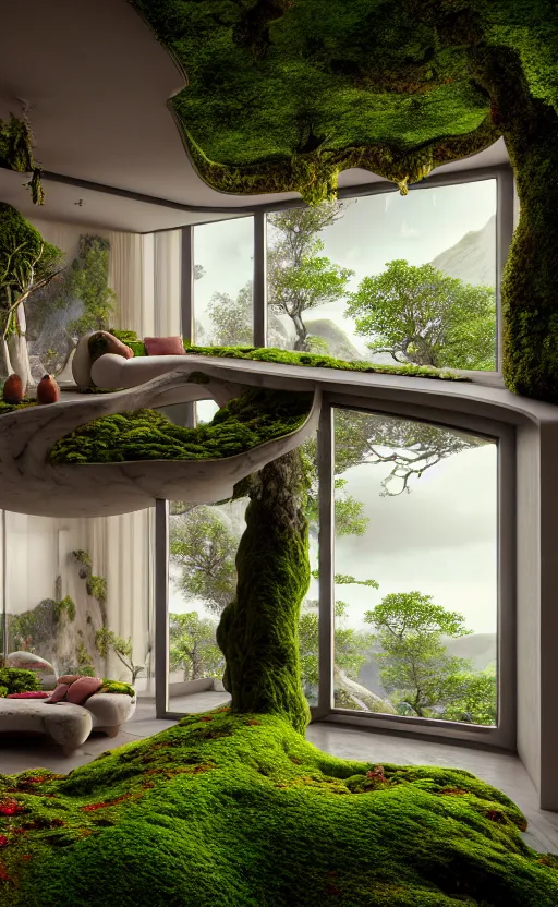 Image similar to highly detailed villa natural beautiful light interior soft cinematic composition of a smooth ceramic porcelain biomorphic magnolia stone nebula fluid sci - fi surreal colorful architecture landscape, furniture, granite, trees, marble, moss, lichen, fungi, vincent callebaut composition, mamou - mani, archviz, 8 k, unreal engine, hdr