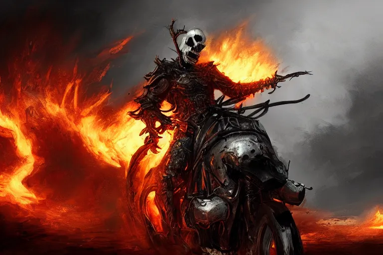 Image similar to Ghost Rider, flaming grim reaper, upper body, dark souls concept art, Feng Zhu concept art, dramatic lighting, highly stylized, trending on artstation, high-quality wallpaper, desktopography