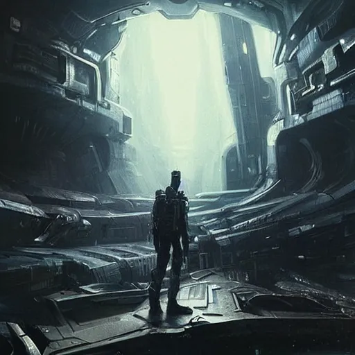 Prompt: scifi art by Greg Rutkowski, a man about 30 years old, wearing a futuristic tactical gear and carrying a futuristic assault rifle,he has short black hair with bangs, his features are a mix between French, Turkish and Russian, expression of despair and fatigue, the background is a claustrophobic and futuristic environment of an abandoned spaceship interior, detailed and intricate environment, high technology, highly detailed portrait, digital painting, artstation, concept art, smooth, sharp foccus ilustration, Artstation HQ.