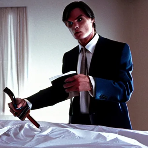 Image similar to Viktor Yushchenko as The American Psycho, cinematic still