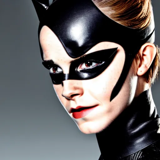 Image similar to A portrait of Emma Watson as Catwoman, studio lighting