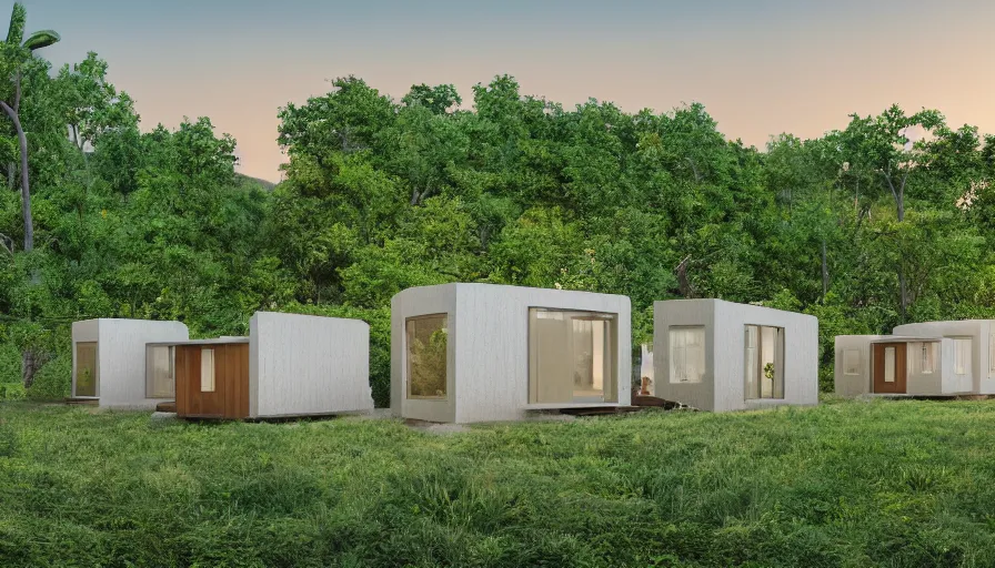 Prompt: A wide image of an eco-community neighborhood of innovative contemporary 3D printed prefab sea ranch style cabins with rounded corners and angles, beveled edges, made of cement and concrete, organic architecture, in a lush green eco community, Designed by Gucci and Wes Anderson, golden hour