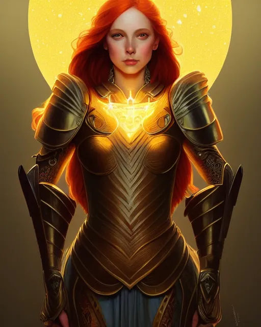 Prompt: symmetry full body of redhead princess, glam, cleric wearing armor plate, fireflies, crypt background, intricate, elegant, highly detailed, digital painting, artstation, concept art, smooth, sharp focus, illustration, art by artgerm and greg rutkowski and fra angelico and alphons mucha