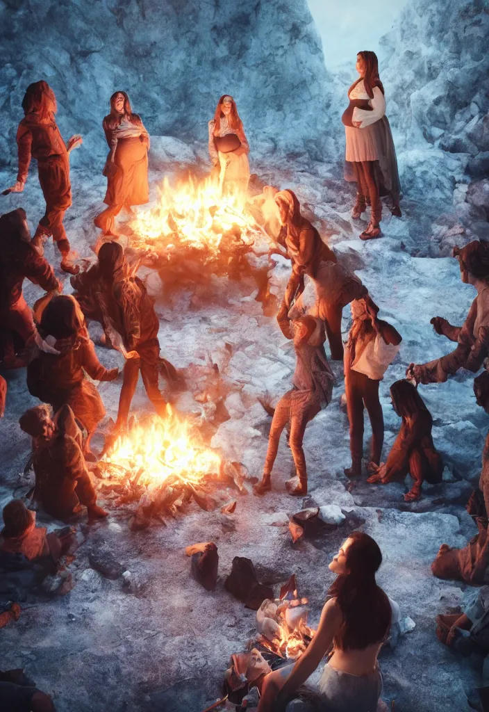 Image similar to epic leader pregnant woman talking to all her tribe around a bonfire, proud people looking at the pregnant woman, ice cave, facinating, fantasy digital art, octane render, beautiful composition, trending on artstation, award - winning photograph, masterpiece