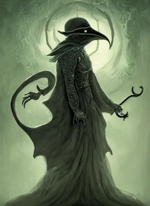 Prompt: a highly detailed illustration of plague doctor mask wearing woman, eerily floating with cape in the wind pose, surrounded by green mist, intricate, elegant, highly detailed, centered, digital painting, artstation, concept art, smooth, sharp focus, league of legends concept art, WLOP