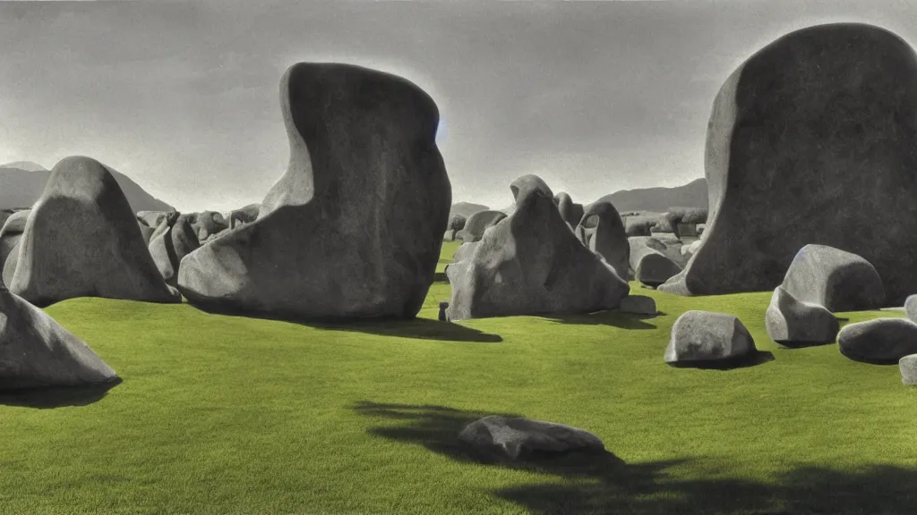 Prompt: chiaroscuro lithograph of a colossal abstract granite sculpture garden by kurt seligmann and henry moore and edward steichen, on a green lawn, distant mountains, golden hour, 8 k, dslr camera, the merely beautiful bore me to death