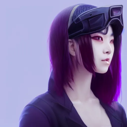 Prompt: Close up portrait of a young Asian Cyberpunk woman with dark purple hair wearing a visor covering the eyes, hyperdetailed, artstation, cgsociety, 8k