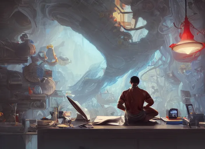 Image similar to an insanely detailed painting of an asian man wearing a homemade superhero costume, sitting at a desk, staring seriously at the computer and typing, in the style of peter mohrbacher, james jean, artgerm, dramatic lighting and composition, surreal background, octane render, pixar, trending on artstation, concept art, comic book, view from behind, 8 k