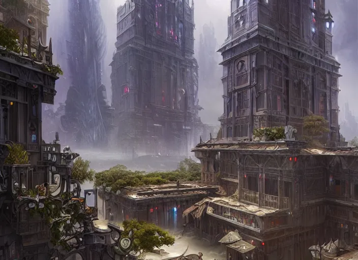 Image similar to a large group of people standing around a building, a detailed matte painting by stephan martiniere, cgsociety, fantasy art, concept art, matte painting, matte drawing