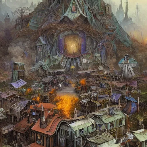 Image similar to an epic hyperdetailed 3 d matte painting of a wiccan shantytown in the victorian village surrounded by colossal biomorphic hallucinogenic demonic eldritch beings by peter mohrbacher by gerald brom by yoji shinkawa by richard michael gorman powers