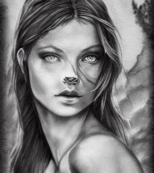 Image similar to tattoo design sketch of a beautiful blue - eyed woman face with a faded background of beautiful mountains and nature on her side, hyper - realistic, in the style of den yakovlev, amazing detail, black and white