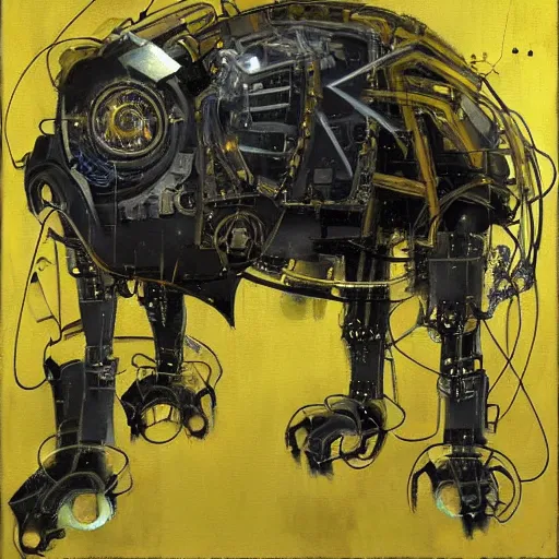 Prompt: a fullmetal wired neon robot kerberos in yellow noir without memory nor feelings, althoughbhe believes he is a god, oil on canvas by dave mckean and esao andrews