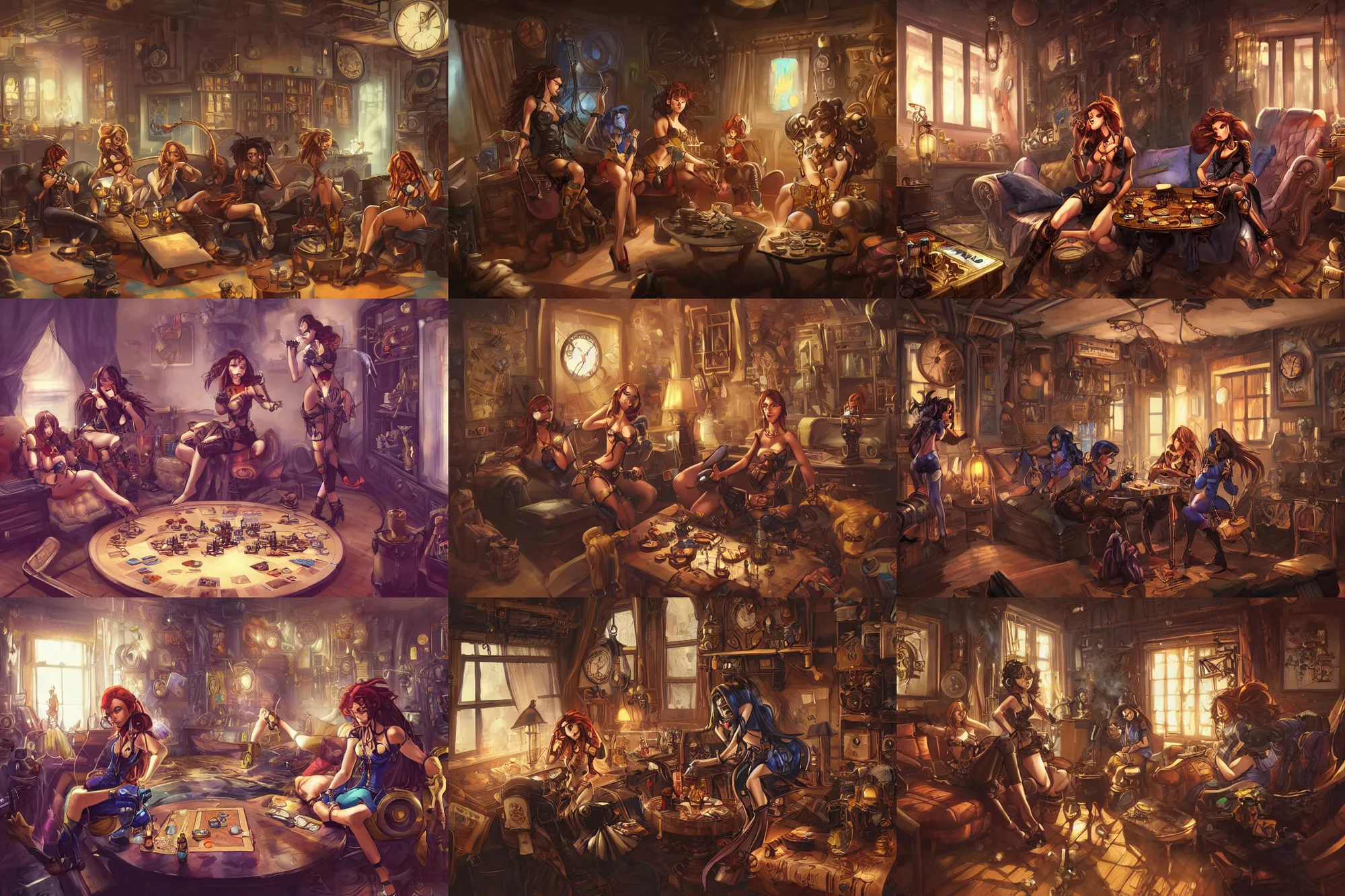 Prompt: women in the interior of a steampunk apartment, Joe Madureira style, night time, smoking cigarettes, playing board games, artstation, cgsociety, zenith view