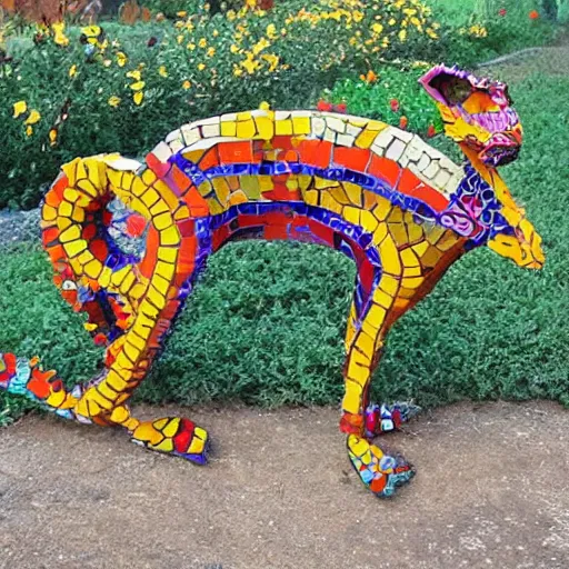 Prompt: mosaic sculpture of a alebrije chimera!!!, irregularly shaped mosaic tiles, recycled pottery shards, in the style of folk art, in a cottagecore flower garden