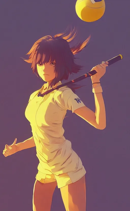 Prompt: manga style, realistic lighting, realistic anatomy, solid colors, made by ilya kuvshinov and and greg rutkowski, safebooru, from arknights, portrait of female beach volley player, standing pose, futuristic yellow lens, sport clothing, simple background