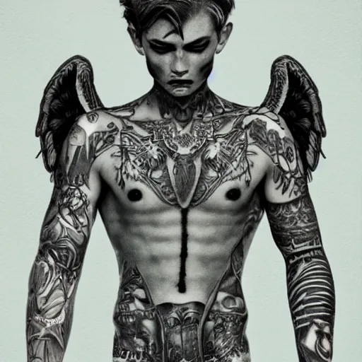 Prompt: beautiful androgynous fallen angel with tattoos on his body being cast from heavens, intricate, hd, high detailed, 4 k, art by grey rukowski