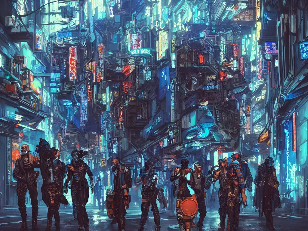 Prompt: a cyberpunk gang in the alleyway between art deco buildings, graffiti, fine detail, intricate, polished, blue color scheme, octane render, digital art, illustration, concept art, trending on artstation, by george luks and noriyoshi ohrai