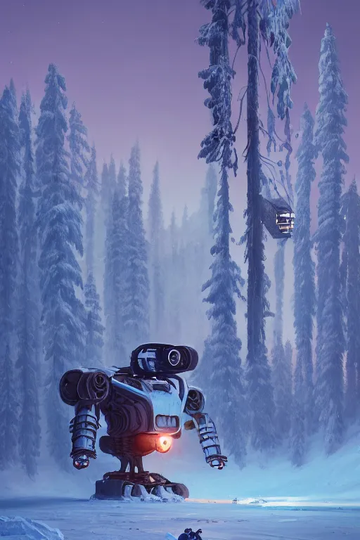 Image similar to mech at snow in finland, highly detailed, scifi, fantasy, highly detailed, digital painting, trending on artstation, concept art, sharp focus, illustration, global illumination, shaded, art by simon stalenhag