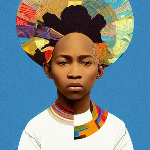 Image similar to colourful upper half portrait of an african boy - in japan graphic design illustration style, art by hsiao - ron cheng & alphonse mucha, highly detailed, digital painting, illustration, smooth, sharp focus, intricate, symmetry, pinterest, behance,