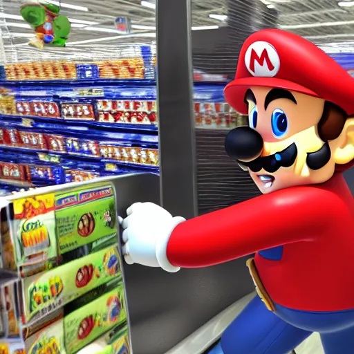 Image similar to Mario shopping in Walmart, highly detailed, high quality, HD, 4k, 8k, Canon 300mm, professional photographer, 40mp, lifelike, top-rated, award winning, realistic, sharp, no blur, edited, corrected, trending