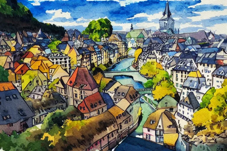 Image similar to !! watercolor!! luxemburg in a sunny day, artwork by tooth wu, colorful contrast,!!!! very coherent!!!!, dark shadow, thick lineart