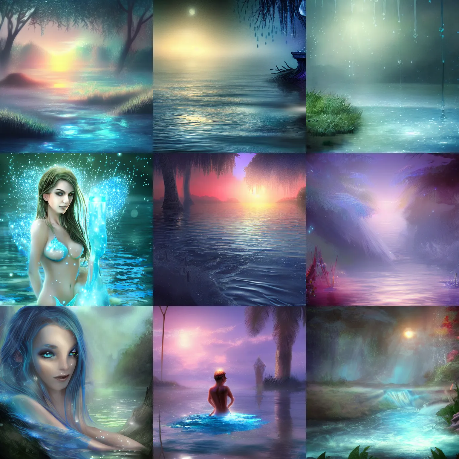 Prompt: closeup fantasy with water magic, at gentle dawn blue light, without girls, digital art, deviantart
