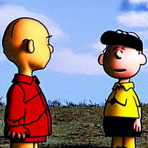 Image similar to charlie brown and linus in ending scene of the blair witch project,