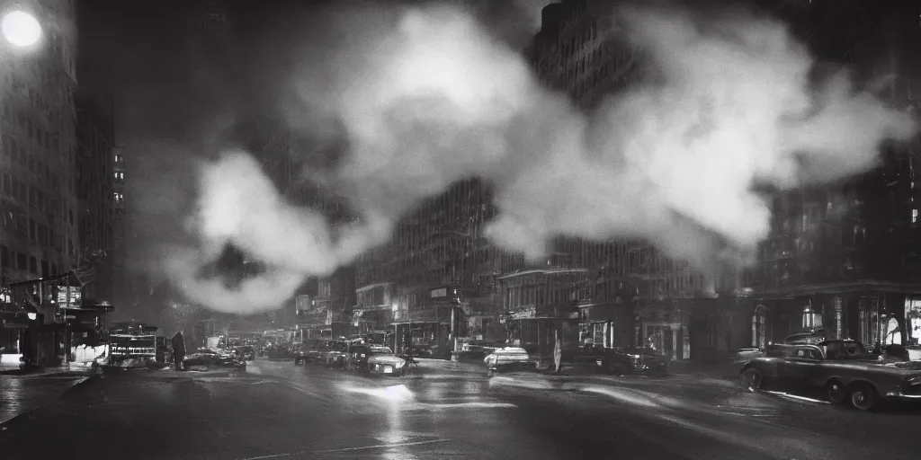 Image similar to a high resolution photo of a new york street at night surrounded with smoke and cars with bright headlights by robert capa, realistic photo, leica, cinematic lighting, magnum award winning photograph, parallax photography,