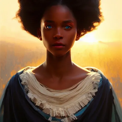 Image similar to a Photorealistic dramatic hyperrealistic bright blue eyes, African American elegant girl, black hair, white veil,by WLOP,Artgerm,Greg Rutkowski,Alphonse Mucha, Dang My Linh, Beautiful dynamic dramatic bright sunset lighting,shadows,cinematic atmosphere,Artstation,concept design art,Octane render,8k