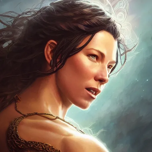 Image similar to evangeline lilly as a goddess, digital illustration, by artgerm and greg rutkowski,