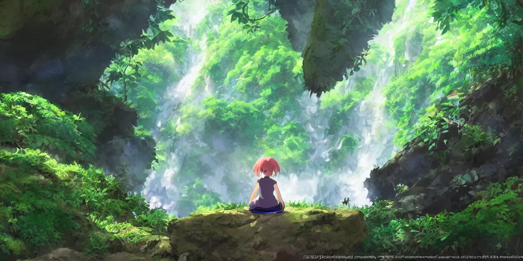 Prompt: anime girl looking into large cave entrance in a lush forest with waterfalls, beautiful ambiance, studio ghibli style, by hayao miyazaki, sharp focus, highly detailed, 4k