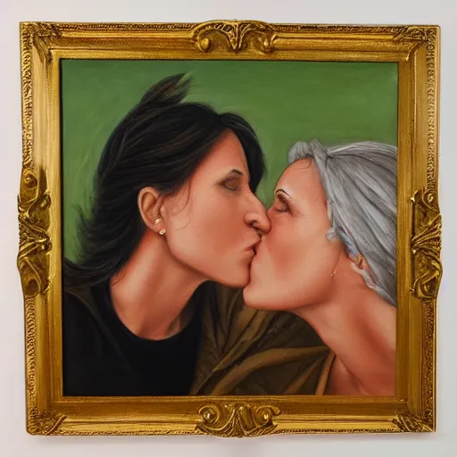 Image similar to two women kissing, oil on canvas, highly detailed, photo realistic