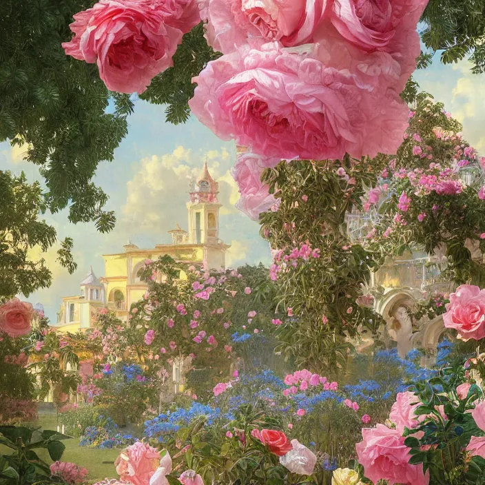 Prompt: highly detailed venetian rococo painting of a lush garden filled with pastel pink roses, a golden castle on the horizon, blue butterflies, pastel flowery background, volumetric lighting, flowers, fantasy, realistic, digital illustration, art by krenz cushart, alphonse mucha, kehinde wiley, artem demura